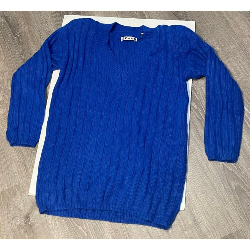 Bravo cable knit sweater womens small soft stretch padded shoulder v neck blue
